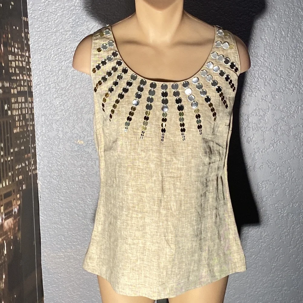 TORY BURCH - linen tank tunic w little mirror discs surrounding neck, zip - 8 - Picture 2 of 16
